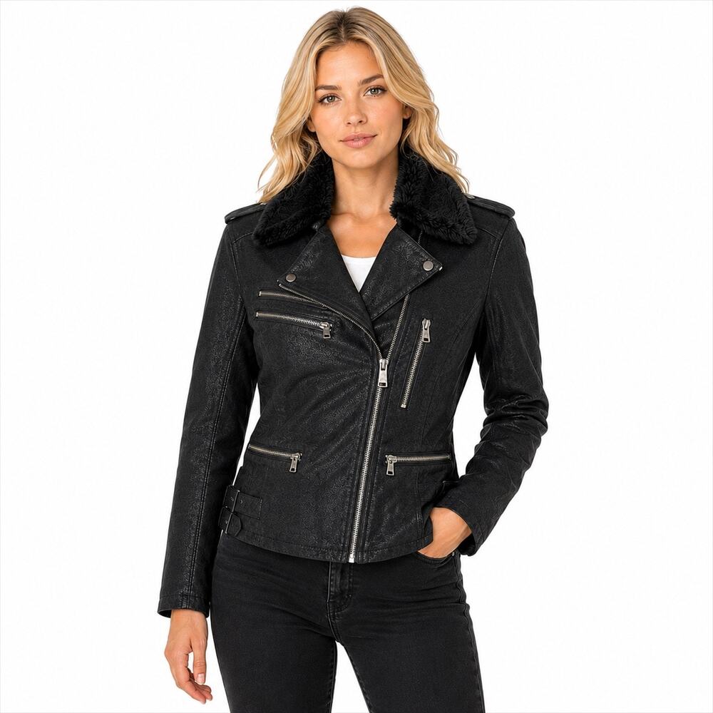 Vintage Levi’s Black Genuine Nubuck Leather Faux Fur Moto Jacket Size L Biker